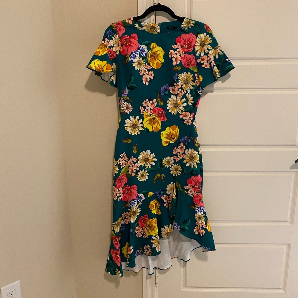 Black Halo Floral Ruffle Hem Dress